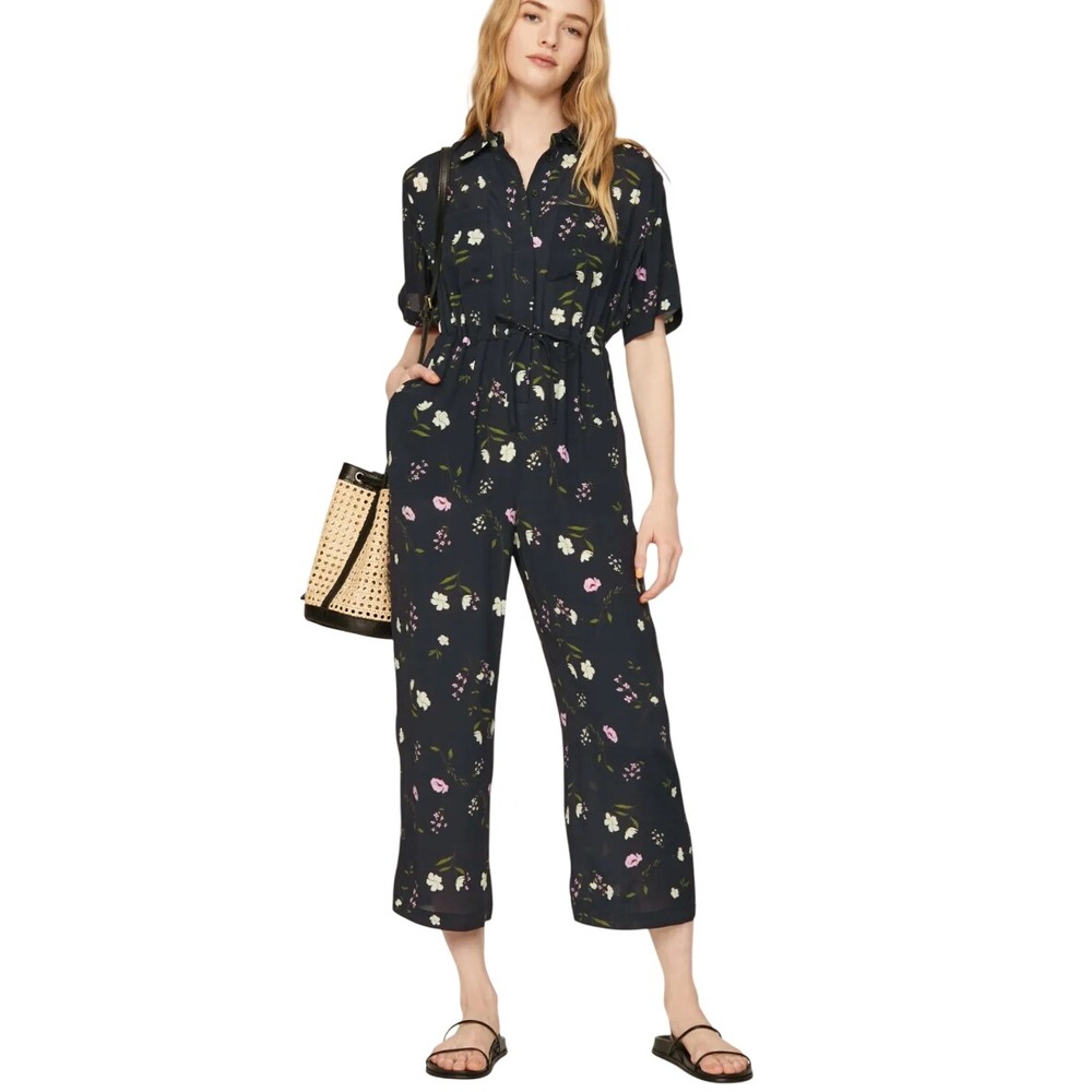Thakoon Collective Floral Jumpsuit Navy Blue Womens Size 0 Wide Leg Short Sleeve